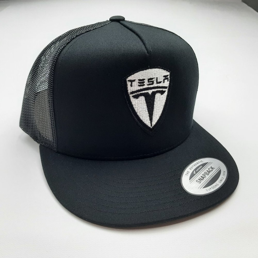 Tesla Flat Bill Embroidered Mesh Snapback Cap Hat Black - Picture 3 of 4
